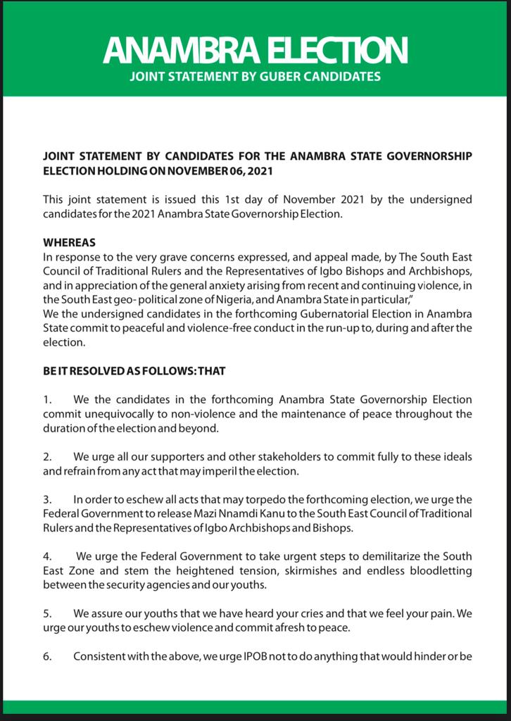 Joint Statement By Anambra Gubernatorial Candidates